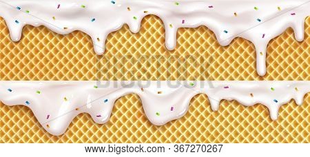 Realistic Drip Ice Cream Melted Drops With Sprinkles On Waffle Cone Background. Melted White Sweet L