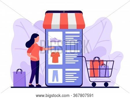 Retail, Shop To Online. Smartphone App For Shopping Goods. Woman Makes Purchases Via Phone Online, C