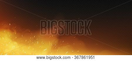 Fire Sparks With Smoke Border, Flying Up Particles And Embers. Vector Realistic Heat And Glow Effect