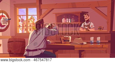 Man In Wild West Beer Pub, Retro Cowboy Saloon Or Tavern. Visitor In Antique Bar With Barista Clean 