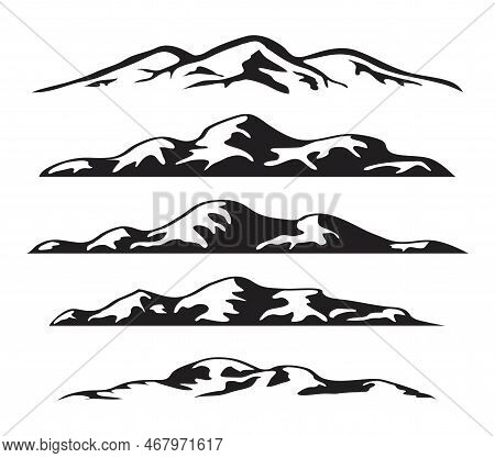 Vector Set Of Black And White Mountain Silhouette Icons. Logo Collection Of Rocky Snow Mountains