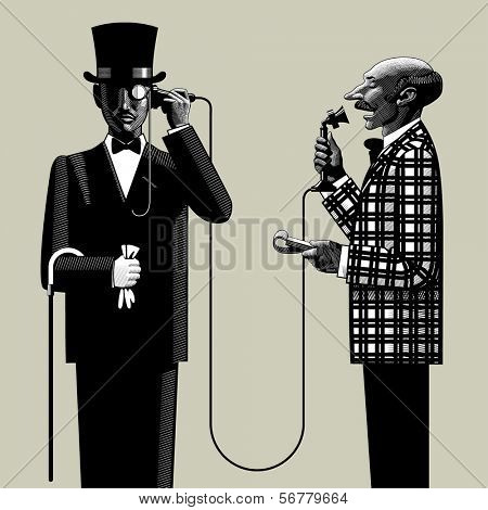 Vector image in the style of vintage engraving of two men of business in retro suits connected with the retro phone