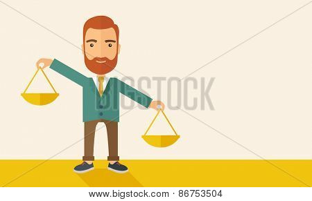 A hipster Caucasian businessman with beard carrying a balance scale with both hands weighing want and need. Balancing and prioritization concept.  A contemporary style with pastel palette, beige tinted