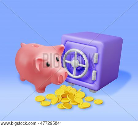 3d Safe Box Full Of Money And Piggy Bank. Render Plastic Style Safebox Cash Coins Icon. Bank Vault S