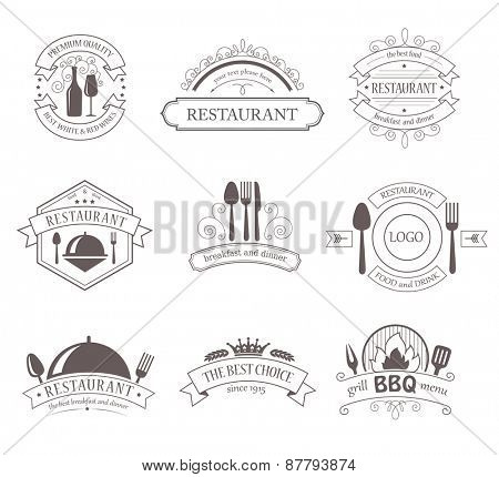 Set of Vintage Decorations Labels.  Retro Style Design Frames for Restaurant, Barbecue, Food, Drink.