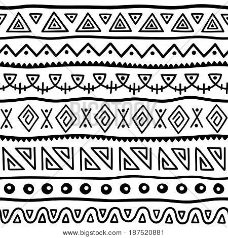 Seamless pattern in ethnic style. Ornamental element African theme. Set of seamless vintage decorative tribal border. Traditional African pattern background with tribal elements form.