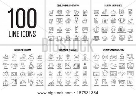 Vector set of thin line icons of corporate management, business, market, economics, banking, finance, seo, web optimization and startup. Mono line pictograms and infographics design elements.