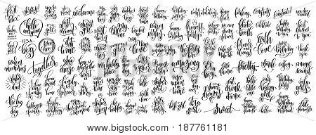 mega set of 100 hand written lettering inscription about family, baby born and birthday party to photography overlay, greeting card, printable wall art, calligraphy vector illustration big collection