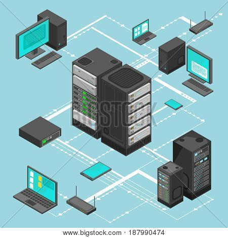 Data network management vector isometric map with business networking servers, computers and device. Server data information map illustration