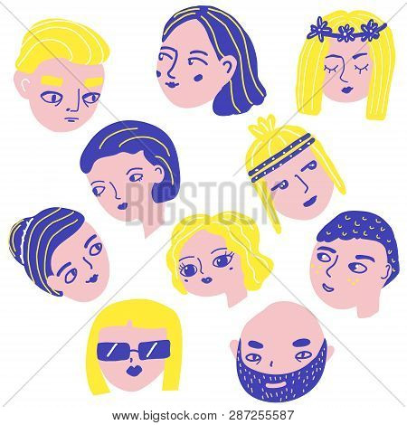 Doodle People Faces. Man And Woman Avatars. Funny Male And Female Heads In Quirky Style. Lifestyle S