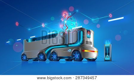 Autonomous Driverless Truck Follows The Specified Route On The Map. Automation Interurban Delivery T