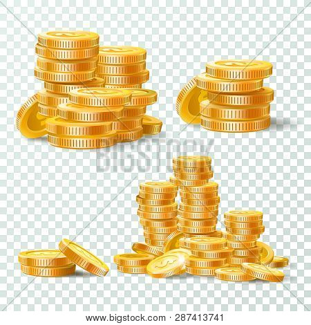 Stack Of Gold Coins. Golden Coin Pile, Money Stacks And Golds Piles Isolated Vector Set