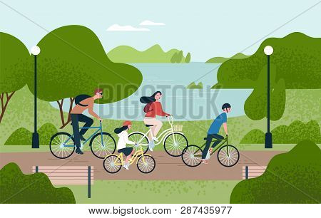 Cute Family Riding Bicycles. Mom, Dad And Children On Bikes At Park. Parents And Kids Cycling Togeth