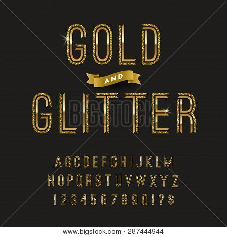 Gold And Glitter Typeface. Vector Golden Font Design, Alphabet, Typeface, Letters And Numbers.  Vect