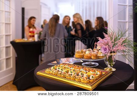 Delicious Snacks On Catering Table During Corporate Event Party - Brunch Choice Of Food With Blurred