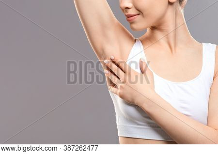 Unrecognizable Woman Touching Her Clean Armpit, Copy Space. Young Lady Enjoying Her Underarm Conditi