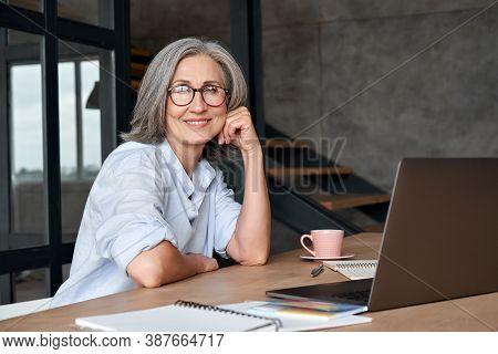 Smiling Stylish Mature Middle Aged Woman Sits At Desk With Laptop, Portrait. Happy Older Senior Busi