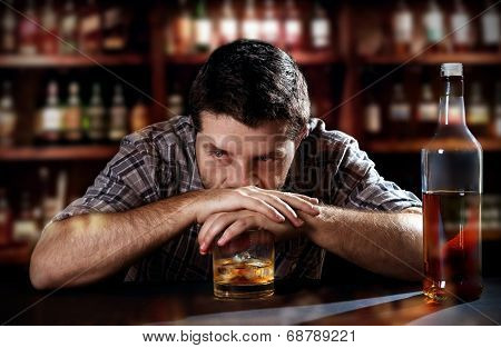 Alcoholic Drunk Man Thinkingl On Alcohol Addiction At Bar Pub