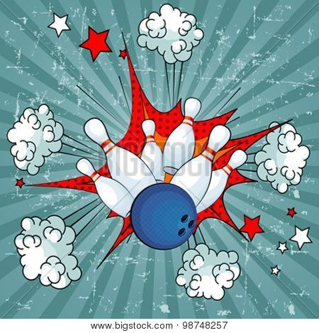 Illustration of a bowling ball strike with falling pins