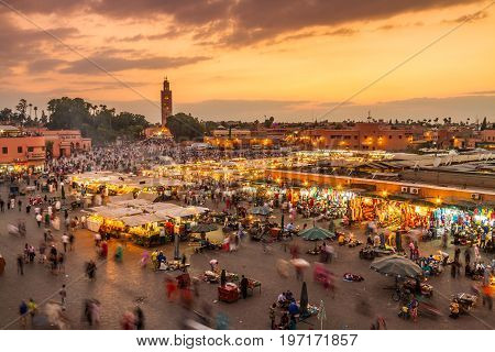 Jamaa el Fna market square, Marrakesh, Morocco, north Africa. Jemaa el-Fnaa, Djema el-Fna or Djemaa el-Fnaa is a famous square and market place in Marrakesh's medina quarter.