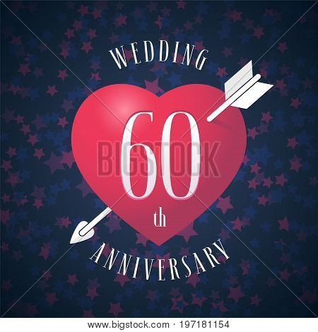 60 years anniversary of being married vector icon, logo. Graphic design element with red color heart and arrow for decoration for 60th anniversary wedding