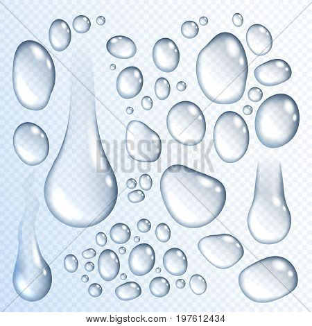 Water drops set on transparent background. Realistic isolated vector 3D dew droplets or raindrops flowing or dripping on surface, water condensation splash drops or drips with light reflection effect