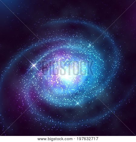 Spiral galaxy in outer space with starry blue sky vector illustration. Spiral galaxy in night starry sky