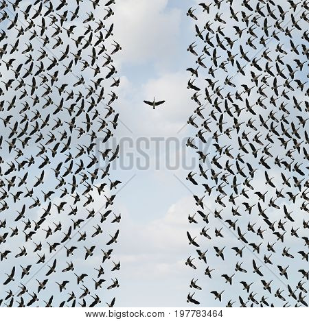 Concept of individualism and Individuality symbol or independent thinker idea and new leadership concept or individual courage as a group of birds flying with one individual in the opposite direction as a business icon in a 3D illustration style.