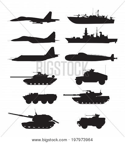 Silhouette of military machines support. Aircraft forces. Army vehicles and warships. Military aircraft and warship, vector illustration