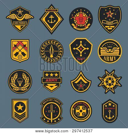 Set Of Isolated Army Badges Or American Military Labels, Soldier Sign. Navy Rank Or Air Force Tag. C