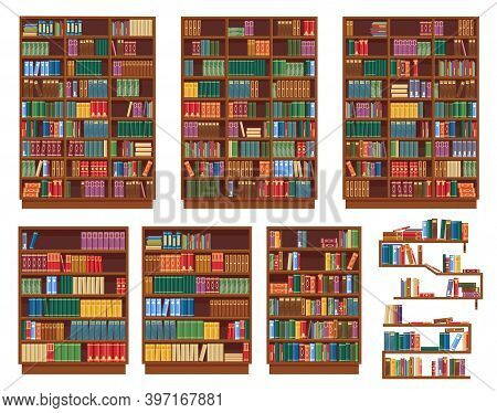 Bookcase, Bookshelf With Books, Library Shelves, Vector Isolated Rack Icons. Wooden Bookcases Or Boo