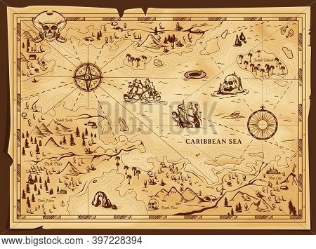 Old Pirate Map, Vector Worn Parchment With Jolly Roger In Tricorn, Caribbean Sea, Islands And Land, 