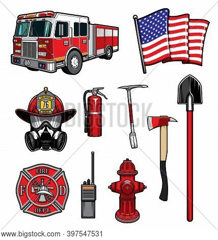 Firefighting Vector Icons Red Protective Helmet And Gas Mask, Fire Axe And Shovel, Extinguisher, Hyd