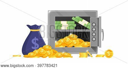 Opened Bank Safe Box Vector Illustration With Money Bag, Dollar Bills, Golden Coins, Secure Lock Iso