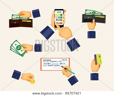 Payments icons in a flat style. Hands holding coin, credit card and cash money