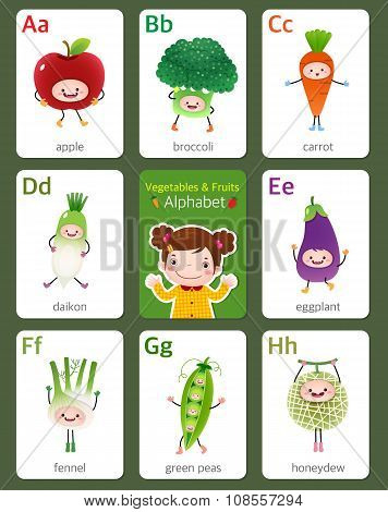 Printable Flashcard English Alphabet From A To H With Fruits And Vegetables