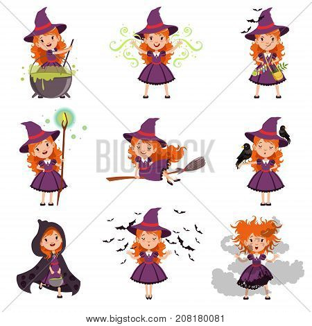 Little kid witch set wearing purple dress and hat. Girl flies on a broomstick, walks in cape, conjures, brews potion. Halloween collection with broom, bats, black raven, magic staff and pot. Vector