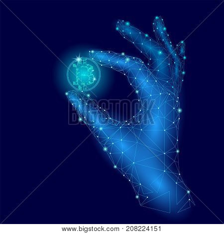 Low poly hand hold bitcoin carefully. Polygonal triangle connected dot point blue cryptocurrency coin. Finance business offer gain blockchain profit concept vector illustration art