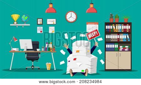 Stressed businessman under pile of office papers and documents. Office building interior. Office documents heap. Routine, bureaucracy, big data, paperwork, office. Vector illustration in flat style