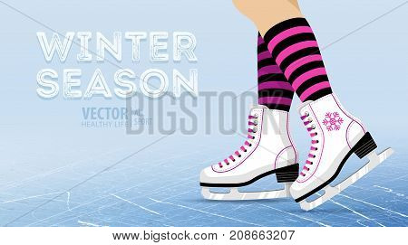 Pair of white Ice skates. Figure skating. Women's ice skates. Texture of ice surface. Winter sports. Vector illustration background. Banner