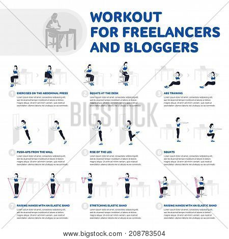 Workout for freelancers and bloggers. Fitness, Aerobic and workout exercise in gym. Vector set of gym icons in flat style isolated on white background. People in gym. Gym equipment.