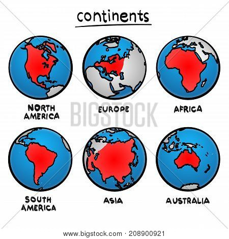 Sketch drawing continents, Planet continent Europe, Planet continent Asia, Planet continent America, Planet continent Australia, Planet continent Africa, Vector illustration