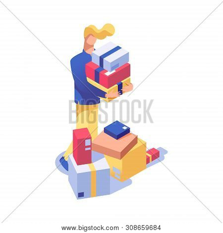 Man On Shopping Vector Isometric Illustration. Warehouse, Storehouse Worker Doing Inventory, Custome