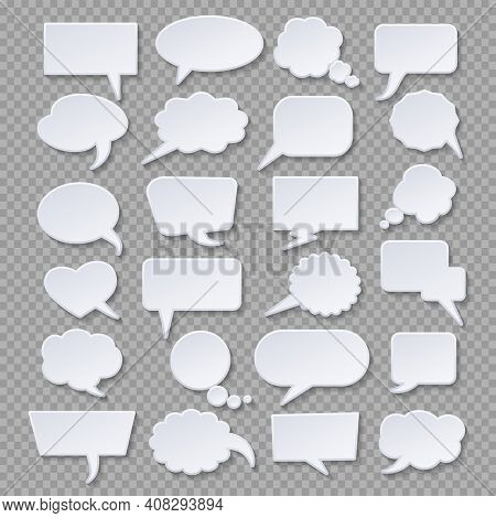 Paper Thoughts Bubbles Designs. White Papers Nubes Vector Illustration, Bubbly Cloud Tags Or Bubblin