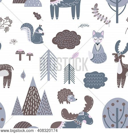 Cute Scandinavian Pattern. Wood Animals, Woodland Stylish Background. Baby Nursery Cute Print, Nordi