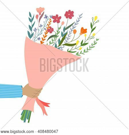 Hand Holds Bouquet Of Flowers. Bouquet Of Flowers For The Holiday. Congratulations To The Woman. Spr