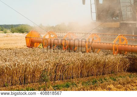 Rotary Straw Walker Combine Harvester Cuts And Threshes Ripe Wheat Grain. Platform Grain Header With