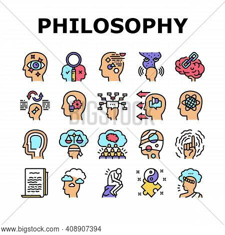 Philosophy Science Collection Icons Set Vector. Social Philosophy And Logic, Aesthetics And Ethics, 