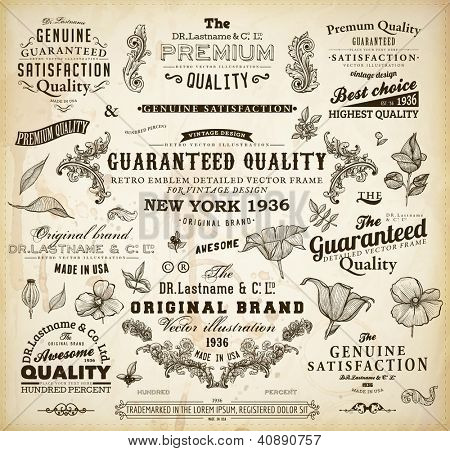 vector set: calligraphic design elements and page decoration, Premium Quality and Satisfaction Guarantee Label collection with black grungy design