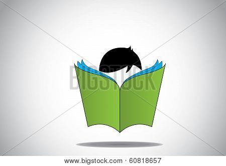 Young Smart Boy Kid Reading 3D Green Open Book Education Concept